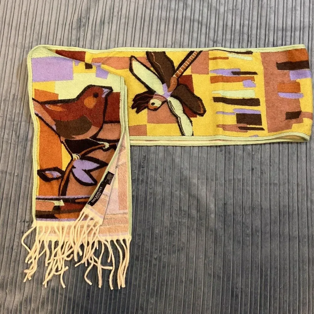 Emilio Pucci 100% Cashmere Scarf With Birds Dragonfly Cherries 7”x 68”